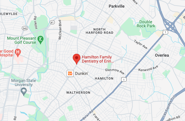 Google map view of Hamilton Family Dentistry's location in Baltimore, MD